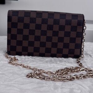 Brown Check Crossbody Bag with Gold Chain Strap